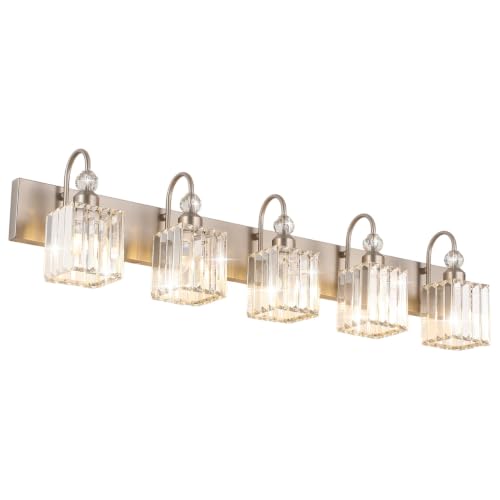 Brushed Nickel Bathroom Vanity Light Crystal Modern 5 Light Bathroom Wall Lighting Fixtures Over Mirror