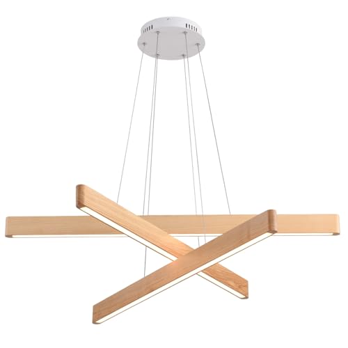 3 Light Solid Wood Natural Linear Pendant Light Modern LED Pendant Light Dimmable Chandelier for Dining Room Table Kitchen Island Living Room Ceiling (3 Count)
