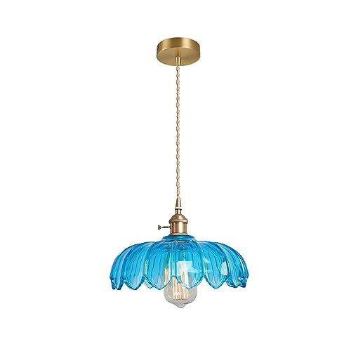 Blue Glass Pendant Light Fixtures Medium 9.8 Inches Lampshade Gold Brass Finish and Switch Vintage Pendant Ceiling Lamp Copper Pendant Lighting