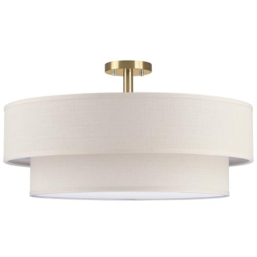 6 Light 26" Cream Fabric Gold Semi Flush Mount Close to Ceiling Light Fixture