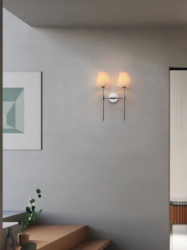 Classic Double Sconce Chrome 2 Lights Wall Sconce Rustic Wall Mount Lighting Fixture with Flared White Textile Lamp Shade