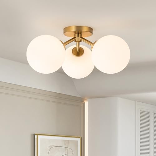 Gold Opal Globe Mid Century Modern Semi Flush Mount Ceiling Light Fixture