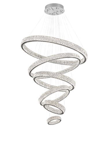 Extra Large 6 Ring Crystal Chandelier Modern LED Long Crystal Chandelier for High Ceiling Height Adjustable D8+15.7"+23.6"+31.5"+39.4"+47.5" Dimmable 2700K