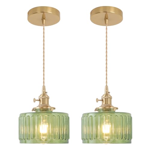 Pendant Light 2 Pack with Green Striped Glass Lmapshade (2 Count)