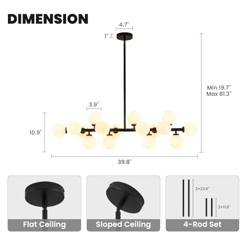 Modern Linear Chandeliers Black 16 Lights Pendant Light Fixtures Bubble Glass Chandelier Mid Century Sputnik Chandelier for Kitchen Island Dining Room