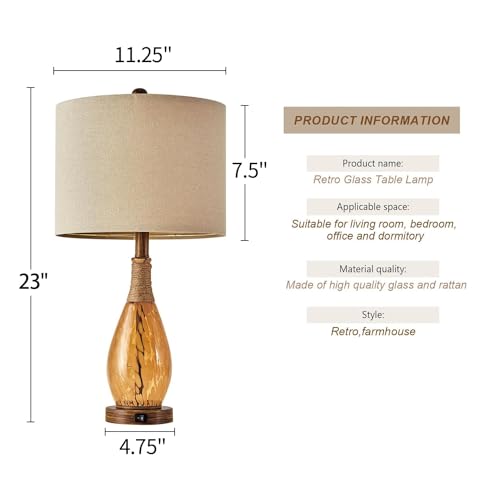 23" USB A+C Table Lamp for Bedroom Living Room Modern Bedside Lamps Retro Farmhouse Rattan Glass Nightstand Nightlight Lamps