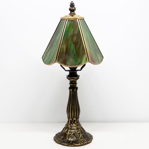 Small Tiffany Table Lamp Pink Diamond Style Stained Glass Desk Lamps 6X6X14 Inch Bronze Resin Base Antique Mini Accent Light