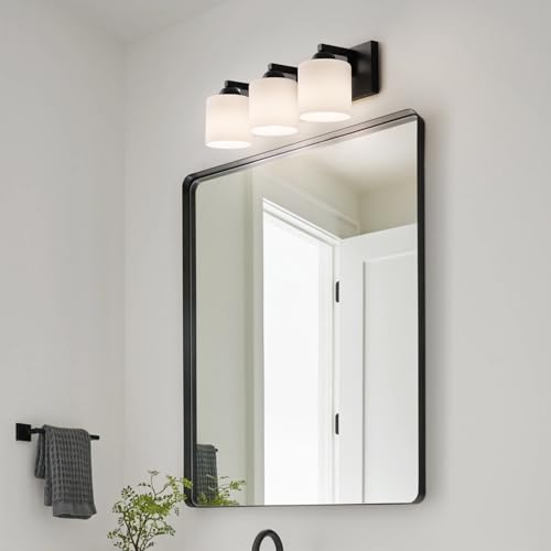 3 Light Black Bathroom Vanity Light with White Glass Shades