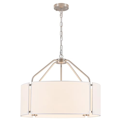 23Inches Large Drum Chandelier with Metal and White Linen Fabric Shade