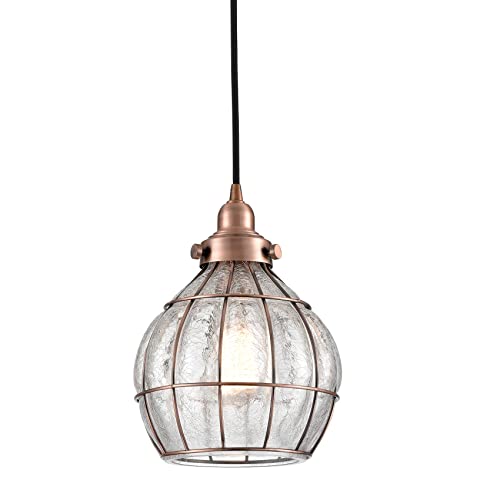 Kitchen Pendant Light Red Antique Copper with Cracked Glass Shade