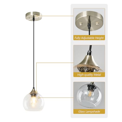 Clear Glass Pendant Lights Kitchen Island Lighting Globe Pendant Light Fixtures Modern Pendant Lighting for Kitchen Island Bedroom Living Dining Room Light Fixture (2 Count)