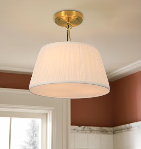 12.6”Dia White Pleated Drum Shade Semi Flush Mount Ceiling Light