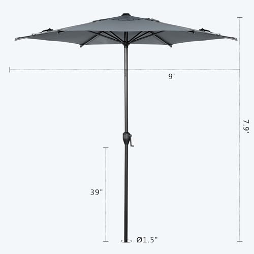 9FT Lyon Outdoor Patio Umbrella Outdoor Table Umbrella with Push Button Tilt and Crank Market Umbrella 8 Sturdy Ribs UV Protection Waterproof for Garden Deck Backyard Pool Grey