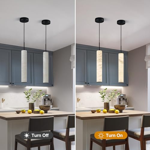 Natural Alabaster Pendant Lights for Kitchen Island White Marble Long Tube Chandelier 4000K Modern Black Ceiling Light Fixtures for Bedroom Dining Room Table Living Room Hallway (3 Count)