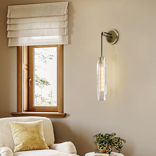 Lighting Modern Luxury Crystal Wall Sconces Brushed Gold Long Wall Lamp 15” Clear Glass Wall Sconce Vintage Antique Brass Wall Lights for Entryway Bedroom Stairway