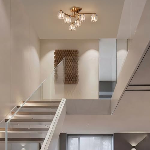 6 Light Modern Sputnik Ceiling Light Fixture Farmhouse Crystal Semi Flush Mount Ceiling Light Gold Chandeliers for Dining Room Living Room Kitchen Island Bedroom Entryway