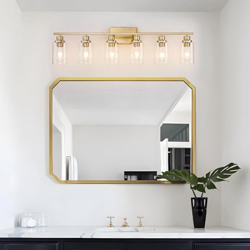 6 Light Gold Bathroom Light Fixtures Brushed Brass Vanity Light Over Mirror Modern Wall Lighting Sconces Wall Lamp for Bathroom