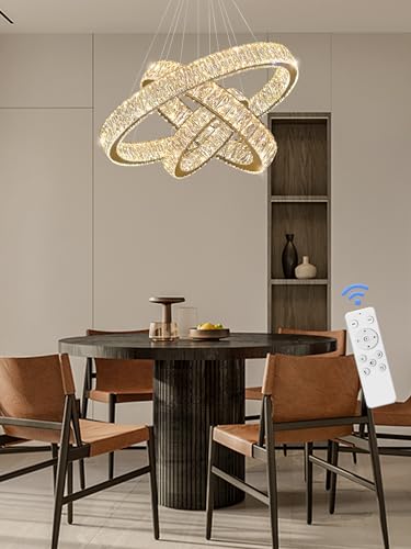 Modern Led Gold Ring Chandelier Luxury 3 Ring Crystal Chandelier Led Dimmable Light for Dining Room Height Adjustable Led Pendant Light 32''+24''+16''