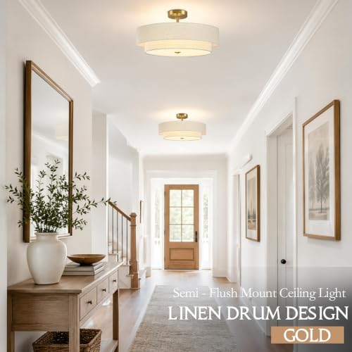 20" Modern 2 Layer Fabric Ceiling Light Gold Classic Drum Light Fixture 5