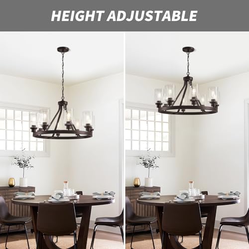 8 Light Farmhose Chandelier for Dining Room Light Fixture Oil Rubbed Bronze Kitchen Pendant Light Round Rustic Ceiling Hanging Lighting with Glass Globes Adjustable Height Metal E26
