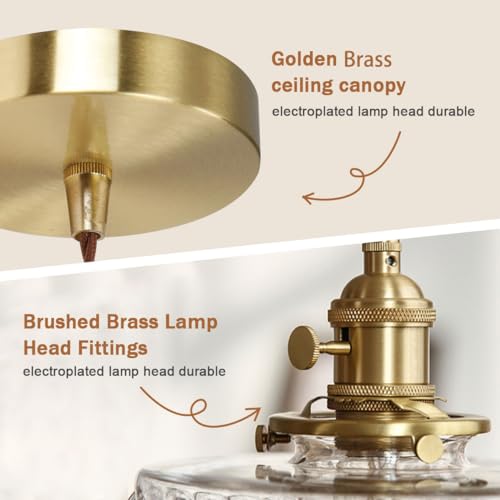 Glass Hanging Lights Kitchen Island Brushed Gold Ceiling Pendant Light Clear Round Light Fixture Striped Glass Shade Vintage Modern Pendant Lighting Chandelier Farmhouse Dining Room