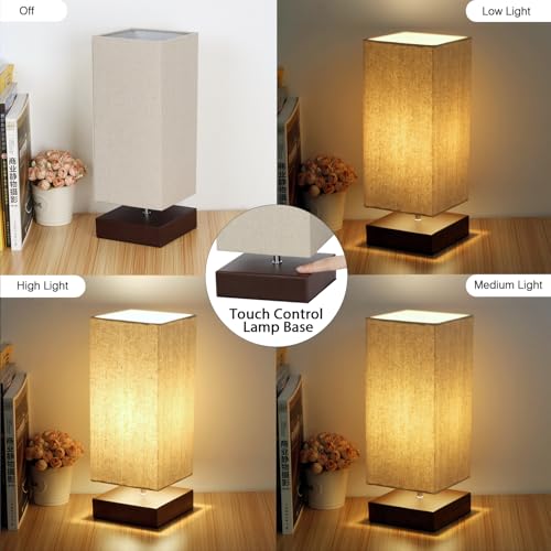 Touch Control Table Lamp Bedside 3 Way Dimmable Touch Desk Lamp Modern Nightstand Lamp with Square Fabric Lamp Shade Simple Night Light for Bedroom Living Room Office