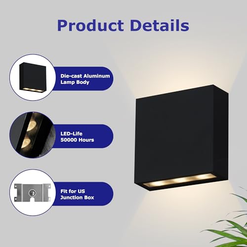 2 Pack Up Down Wall Lights LED Outdoor Wall Sconce Black Exterior Light Fixture 6W for Garage House Patio Garden (2 Count)