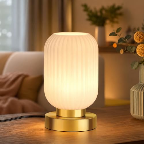 Mid Century Modern Table Lamp with Milk White Ribbed Glass Shade