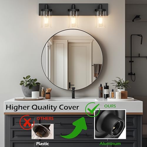 Black Vanity Light for Bathroom 3 Light Farmhouse Bathroom Lights Fixtures Over Mirror with Clear Glass Shade