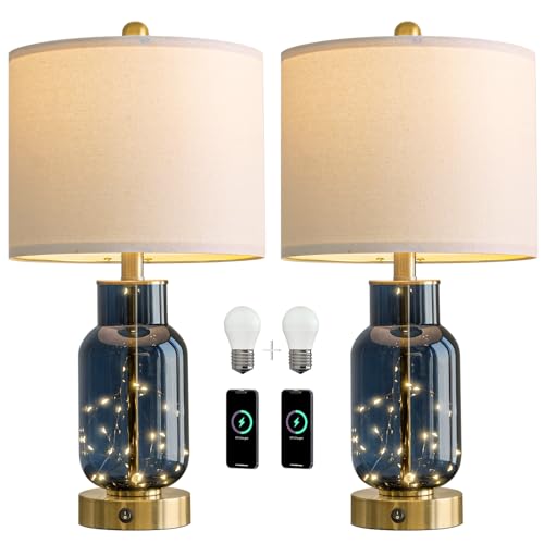 22" Glass Table Lamps Set of 2 with LED Nightlight for Bedroom (2 Count)