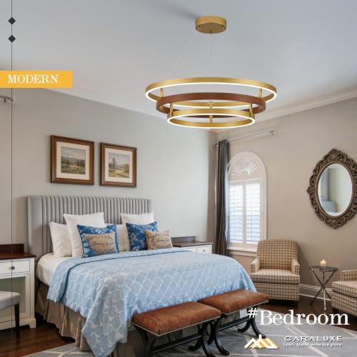 3 Ring LED Chandelier Modern Chandeliers Red Walnut Wood Gold Dimmable 24''