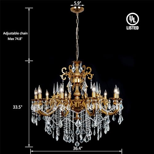 Antique Bronze Crystal Chandelier Large 36.4" Luxury Antique Gold Fixture