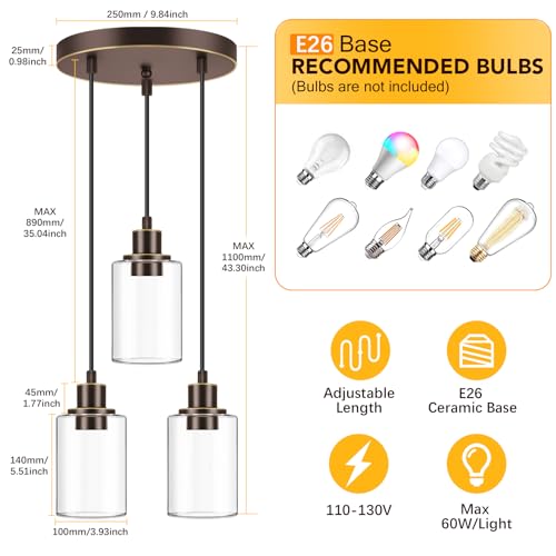 Industrial 3 Light Pendant Light Fixture Clear Glass