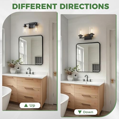 2 Light Black Bathroom Light Fixtures Over Mirror with Clear Glass Shade
