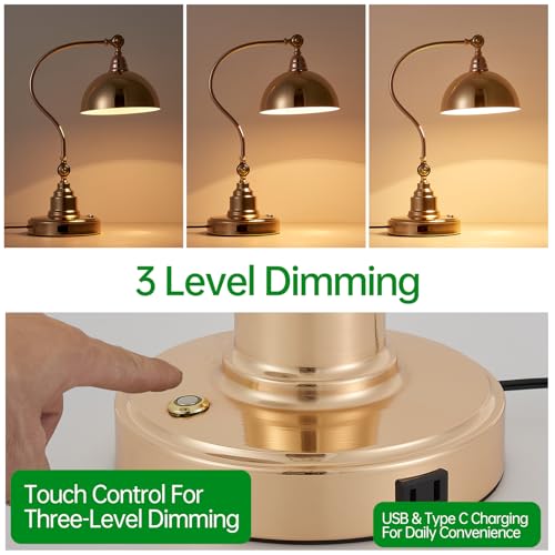 Dimmable Touch Control French Gold Swing Arm Desk Lamp with Charging Port