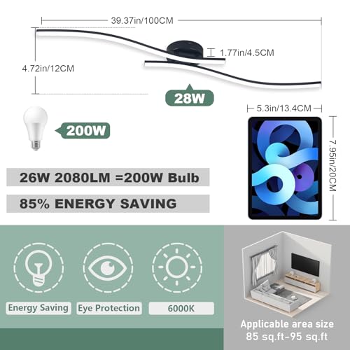 28W Linear Ceiling Light Black Modern LED Ceiling Light Fixture 6000K Aluminum 47.24Inch Long Ceiling Lamp for Hallway (2 Count)