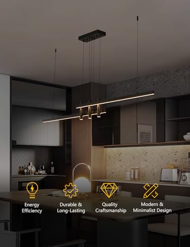 Modern Black Linear Pendant Lights Kitchen Island Lighting Minimalist Led Chandeliers Pool Table Light Dimmable Ceiling Hanging Light Fixture Dining Room with Remote Control