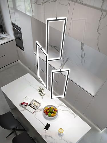 3 Lights Modern Rectangle Chandelier Dimmable Pendant Lighting Adjust LED Staircase Chandelier Hanging Light Fixtures for Kitchen Island Dining Room Entryway Foyer Black