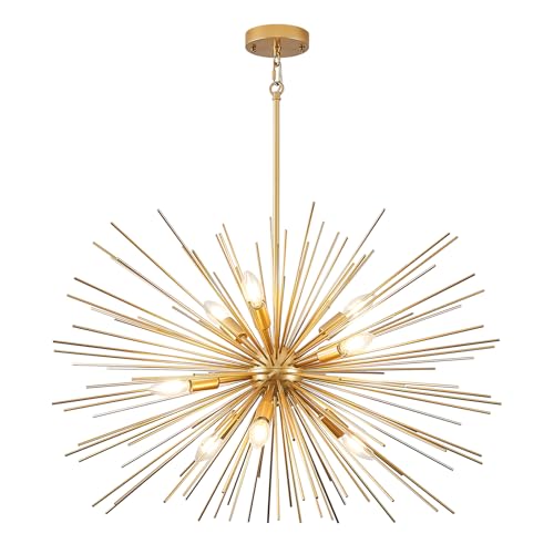 32in Gold Sputnik Chandelier Solid Metal Starburst Light Fixture 9 Light