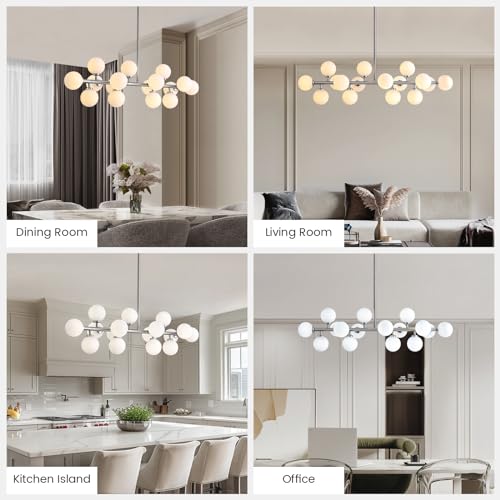 39'' Brushed Nickel and Milky White Mid Century Modern Pendant Lights Dimmable Glass Globe Sputnik Chandelier 16 Lights Linear Chandelier Light Fixtures for Kitchen Island Dining Room