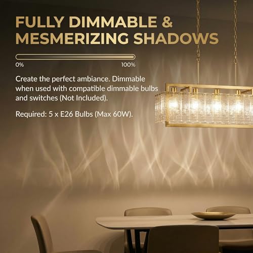 42" Gold Crystal Ripple Glass Rectangle Pendant Chandelier 6