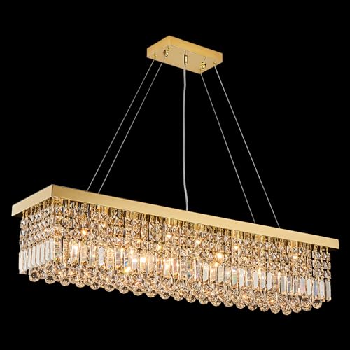 Modern Gold Crystal Chandelier Rectangle Chandeliers for Dining Room Rectangular Pendant Lighting Fixture for Kitchen Island Bedroom L31.5'' x W10'' x H10''
