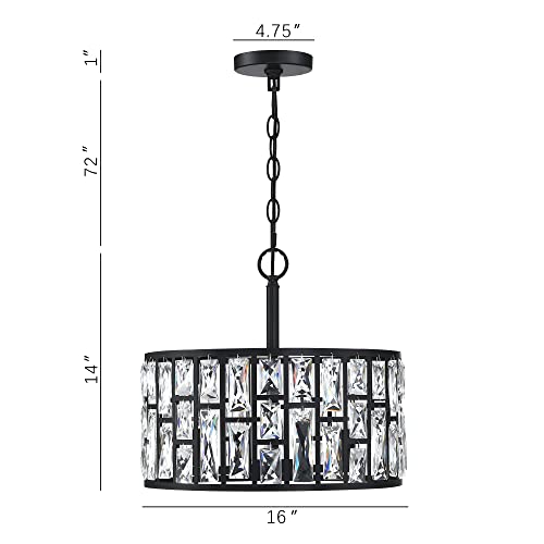 Farmhouse Crystal Convertible Chandelier and Semi Flush Mount Lighting Black Cylinder Drum Shade Pendant for Kitchen Island Dining Room Bedroom Hallway
