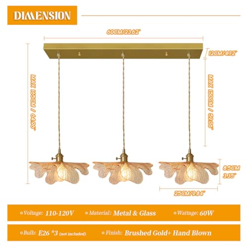 3 Light Vintage Petal Glass Ceiling Hanging Light Adjustable Gold Brass Chandelier Amber Glass Shade LED Linear Island Light for Dining Room Farmhouse