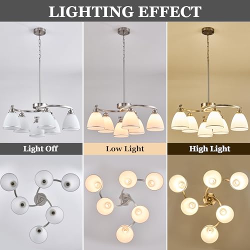 6 Light Brushed Nickel Chandelier Modern Farmhouse Dinner Room Light Fixture with Frosted Glass Lampshade (6 Count)