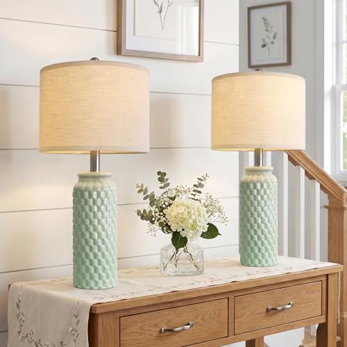 24" Modern Ceramic Green Bedside Lamp Set of 2 Table Lamp for Bedroom Decor Farmhouse Table Lamp for Living Room Office Dorm (2 Count)