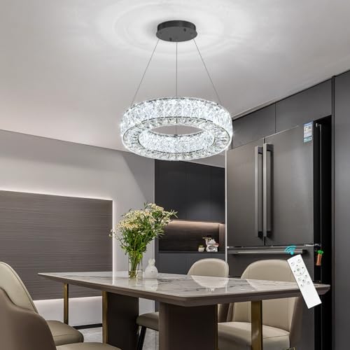 Modern Chandelier for Dining Room Dimmable LED Pendant Lights for Kitchen Island Lighting Black Ring Crystal Chandeliers for Bedroom Entrance Living Room
