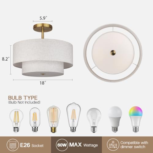 18 Inch Large Semi Flush Mount Ceiling Light Fixture with Dual Drum Design