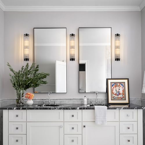 Black Wall Sconces Set of Two with Crystal Glass Strip Bathroom Sconces 2 Light E12 Base Modern Wall Lights for Bedroom Living Room Hallway Wall Light Fixtures