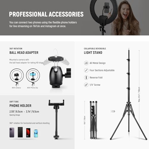 18 Inch Edge Lit Ring Light with Tripod Stand Phone Holder Compatible with iPhone for Video Recording Selfie Makeup Studio Streaming